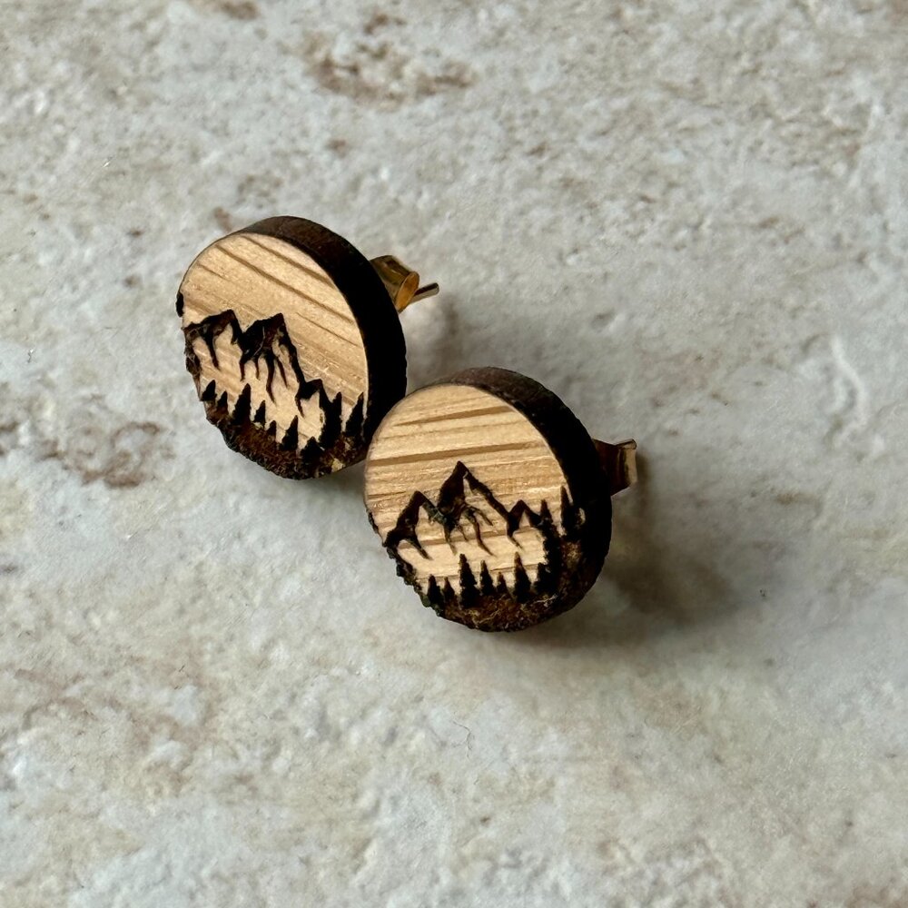 Mountain Wood Stud Earrings | Rustic Tree Mountain Line Earrings | Gold-Plated